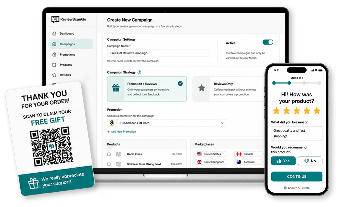 ReviewScanGo campaign builder, insert card, and smart funnel preview